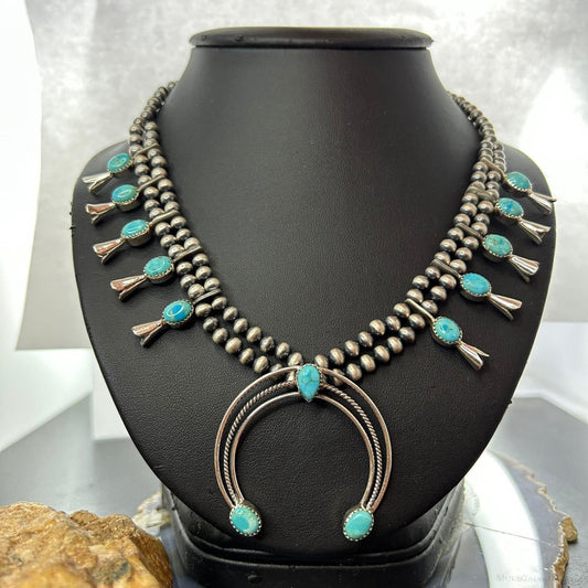 Sterling Silver Southwestern Style Turquoise Squash Blossom Necklace For Women