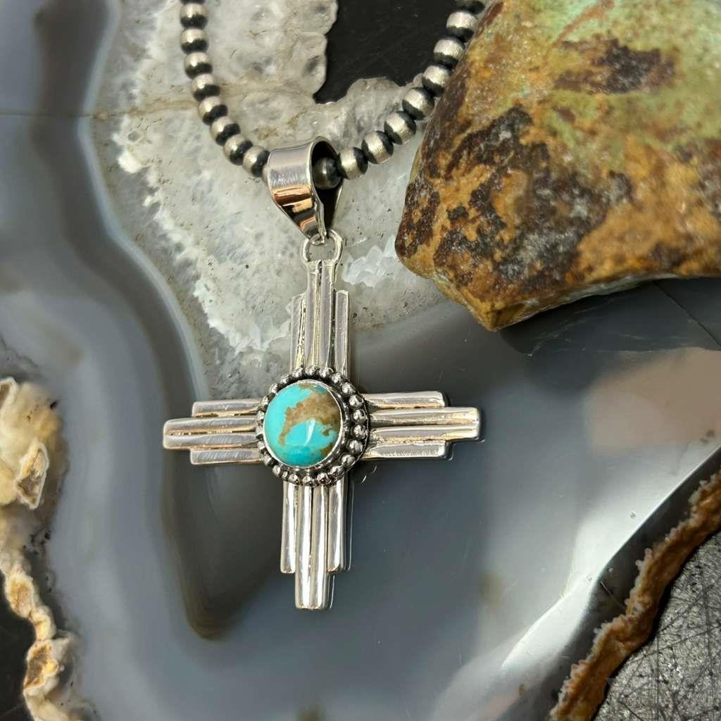 Sterling Silver Southwestern Style Round Mohave Turquoise Unisex Zia Pendant #2