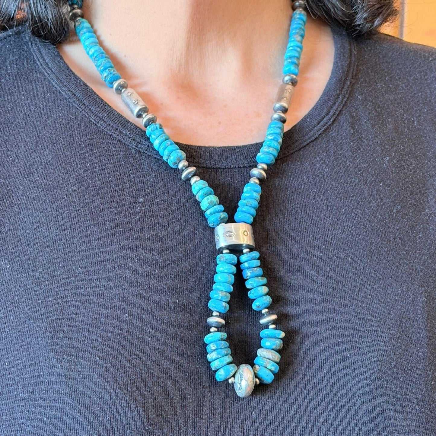 Sterling Silver Southwestern Style Turquoise Disk Beads & Starling Beads 20" Necklace For Women