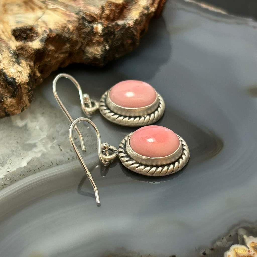 Sterling Silver Southwestern Style Oval Pink Conch Dangle Earrings For Women