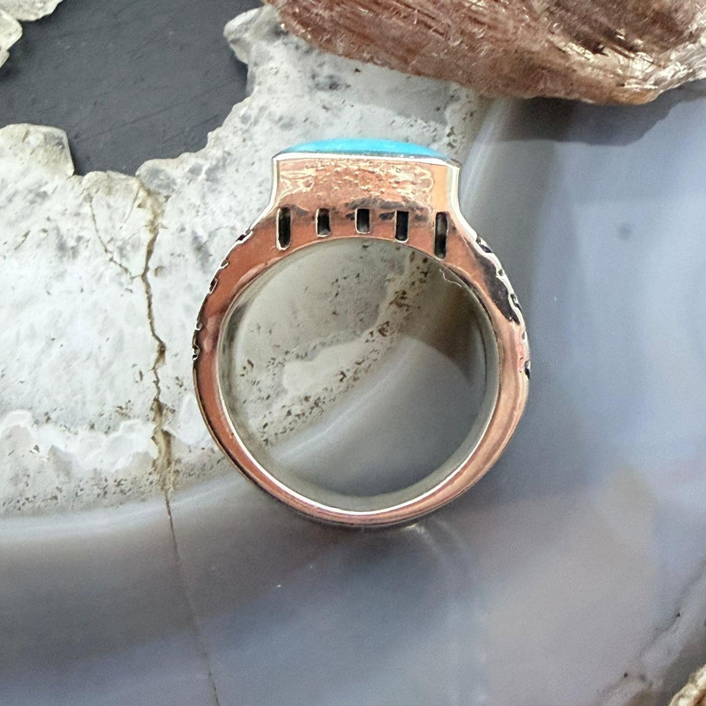 Native American Sterling Silver Rectangle Kingman Turquoise Decorated Ring Size 10 For Men