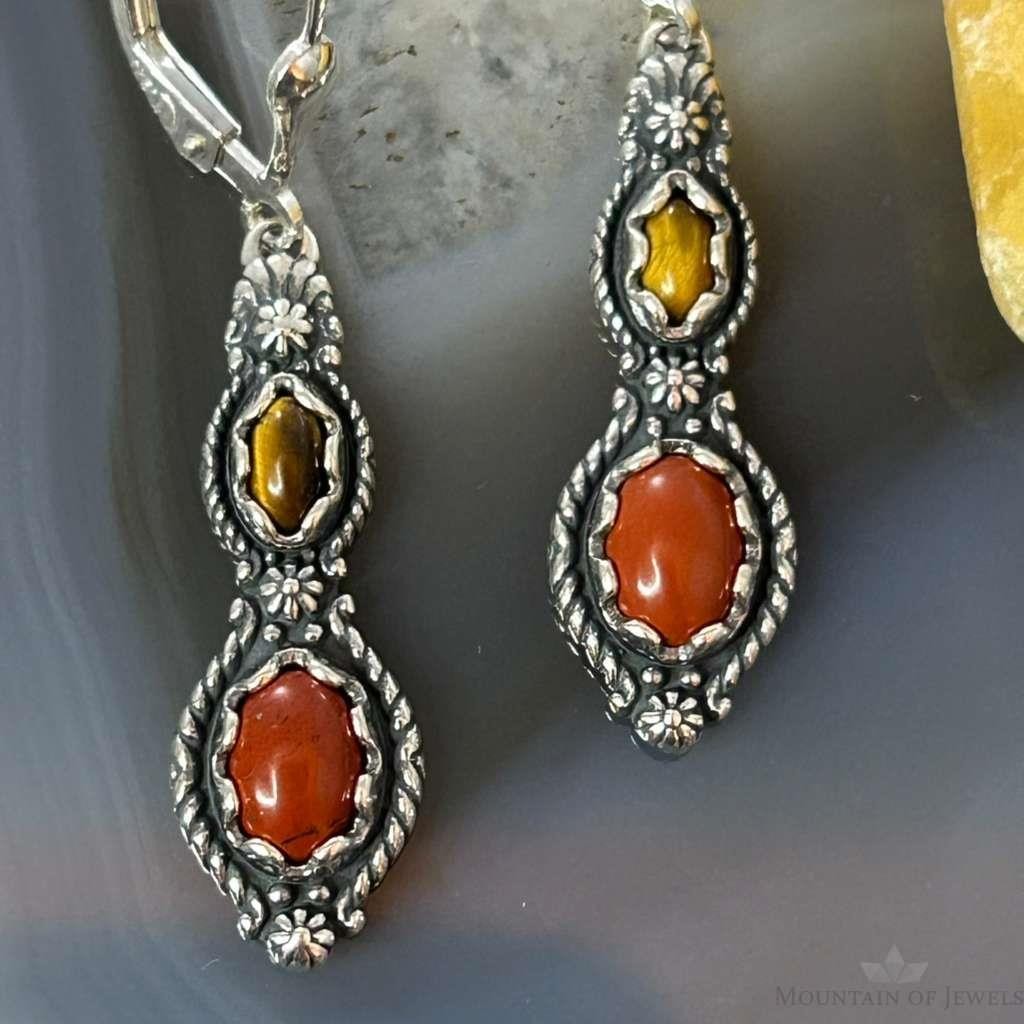 Carolyn Pollack Sterling Silver Red Jasper & Tiger's Eye Dangle Earrings For Women