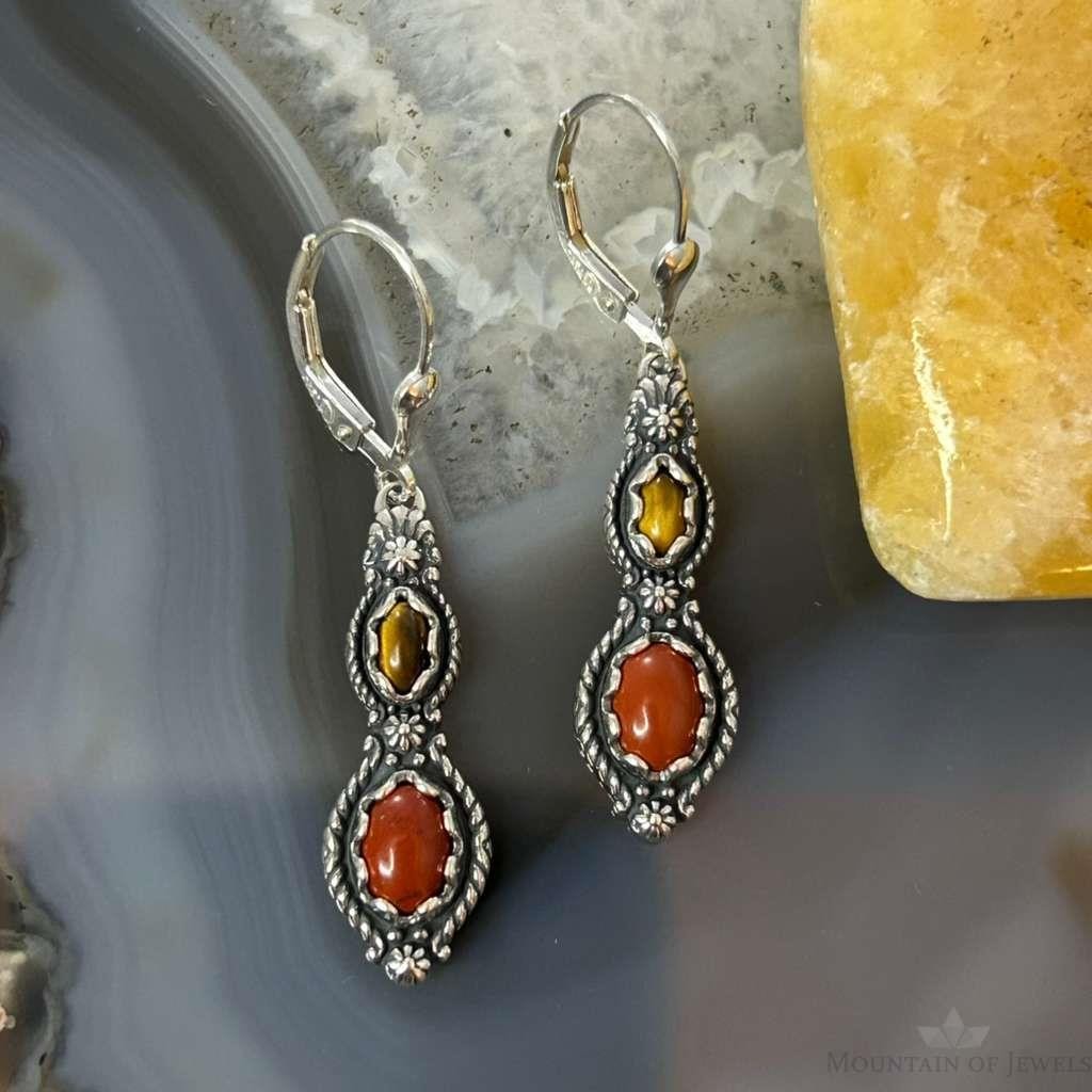Carolyn Pollack Sterling Silver Red Jasper & Tiger's Eye Dangle Earrings For Women