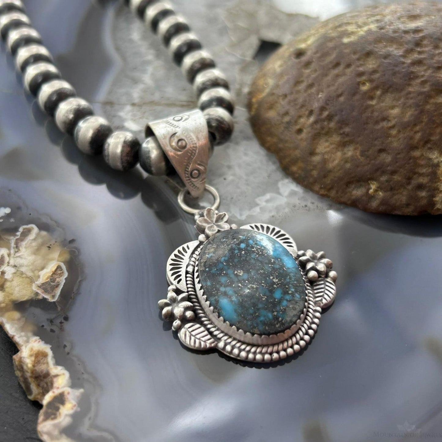 Sterling Silver Southwestern Style Oval Turquoise Decorated Pendant For Women