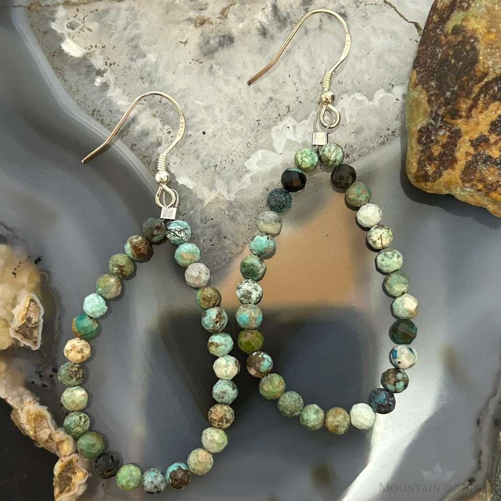 Sterling Silver Rounded Faceted Hubei Turquoise Hoop Dangle Earrings For Women