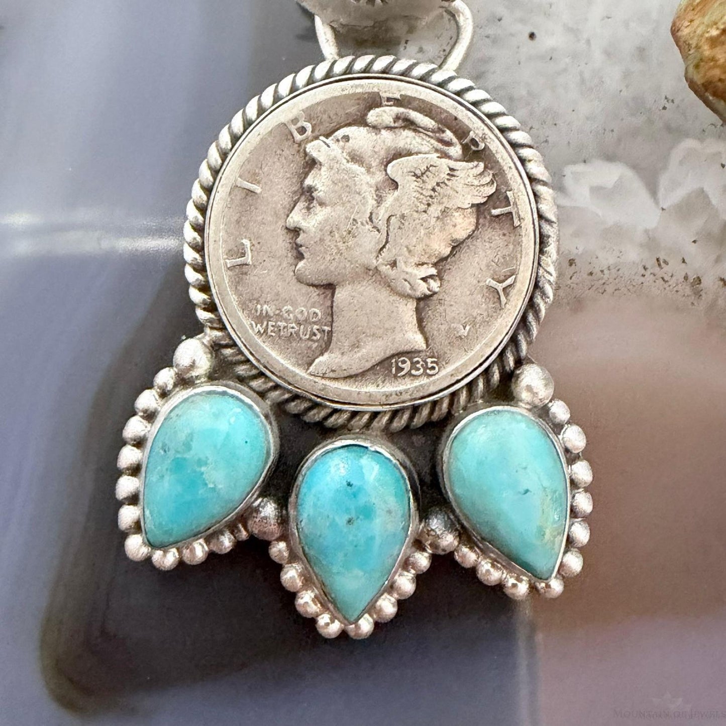 Genuine 1935 Silver 90% Silver Mercury Dime Coin Mohave Turquoise Unisex Sterling Silver Pendant