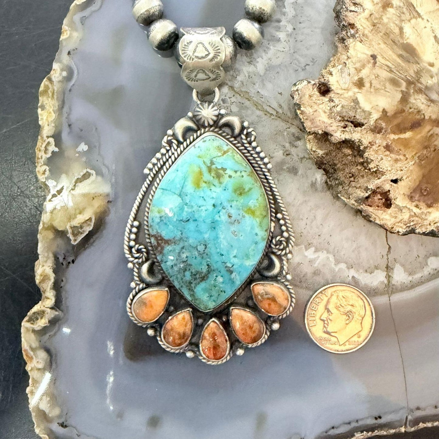 Sterling Silver Southwestern Style Large Turquoise & Spiny Oyster Pendant For Women