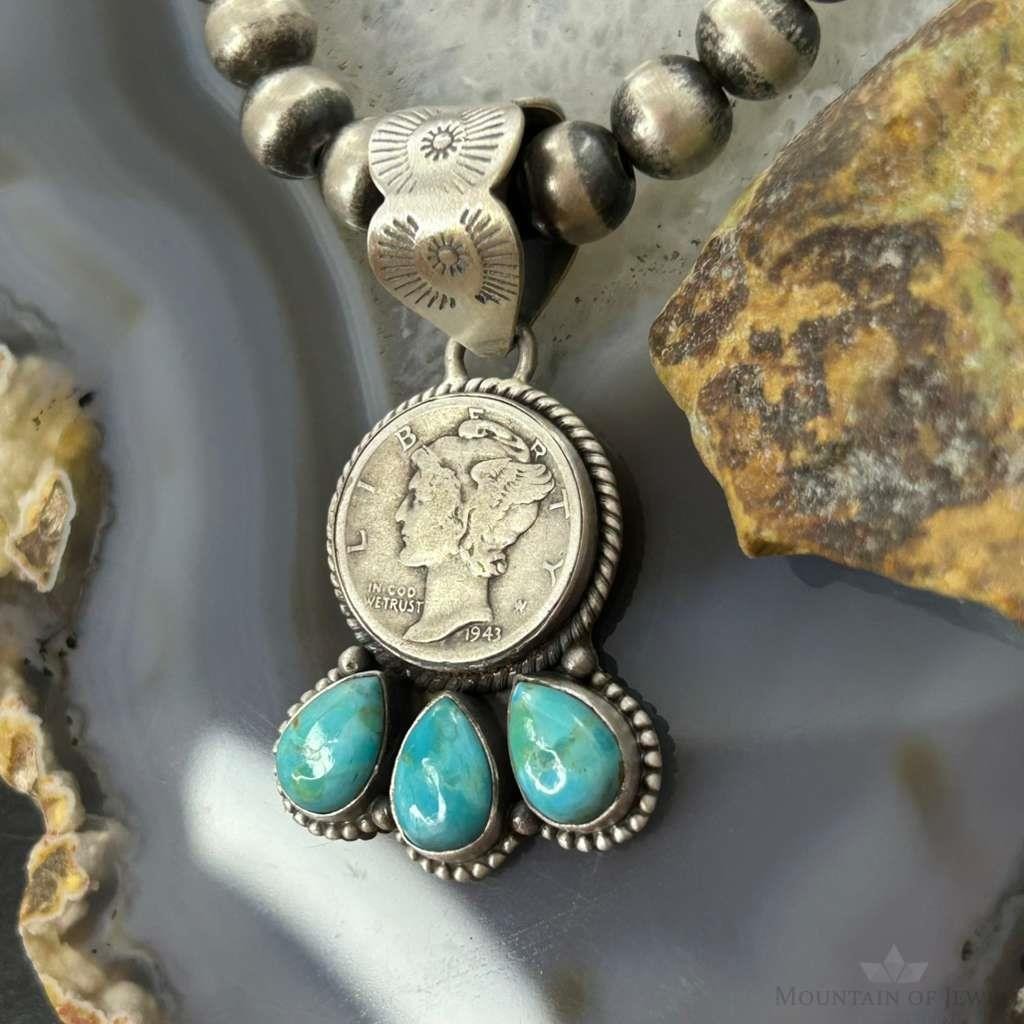 Genuine 1943 90% Silver Mercury Dime Coin w/Teardrop Turquoise Pendant #1