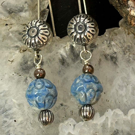 Carolyn Pollack Sterling Silver Carved Denim Lapis Bead Dangle Earrings For Women