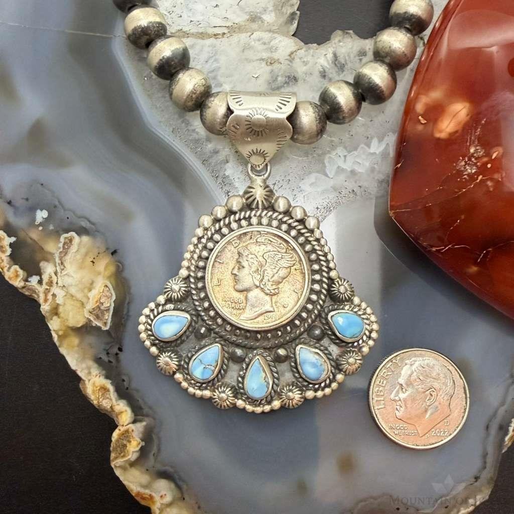 Sterling Silver Southwestern Style 1941 Mercury Dime & Golden Hill Turquoise Pendant