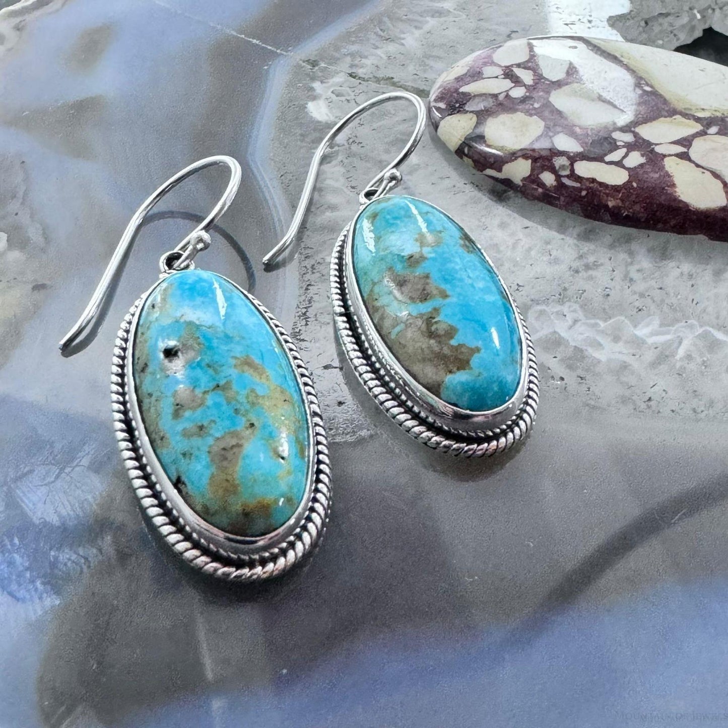 Native American Sterling Silver Elongated Oval Turquoise Dangle Earrings For Women