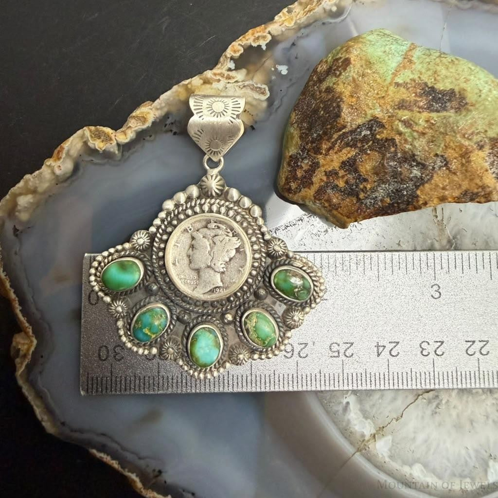Sterling Silver Southwestern Style 1941 Mercury Dime & Sonora Gold Turquoise Pendant