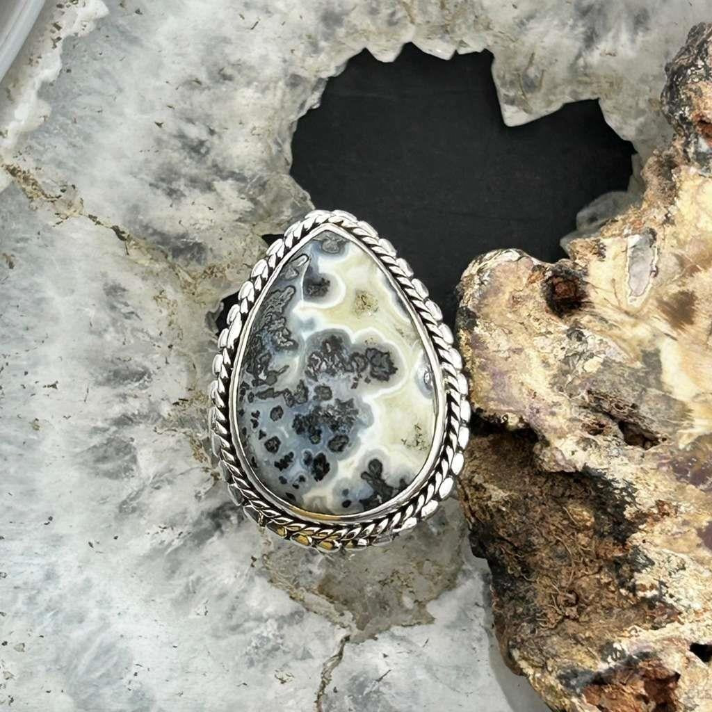 Sterling Silver Southwestern Style Teardrop Dendrite Agate Ring Size 7.5 For Women