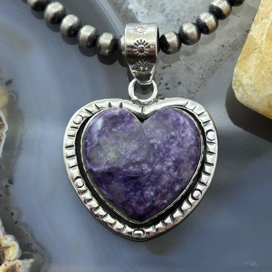 Sterling Silver Southwestern Style Charoite Decorated Heart Pendant For Women #1