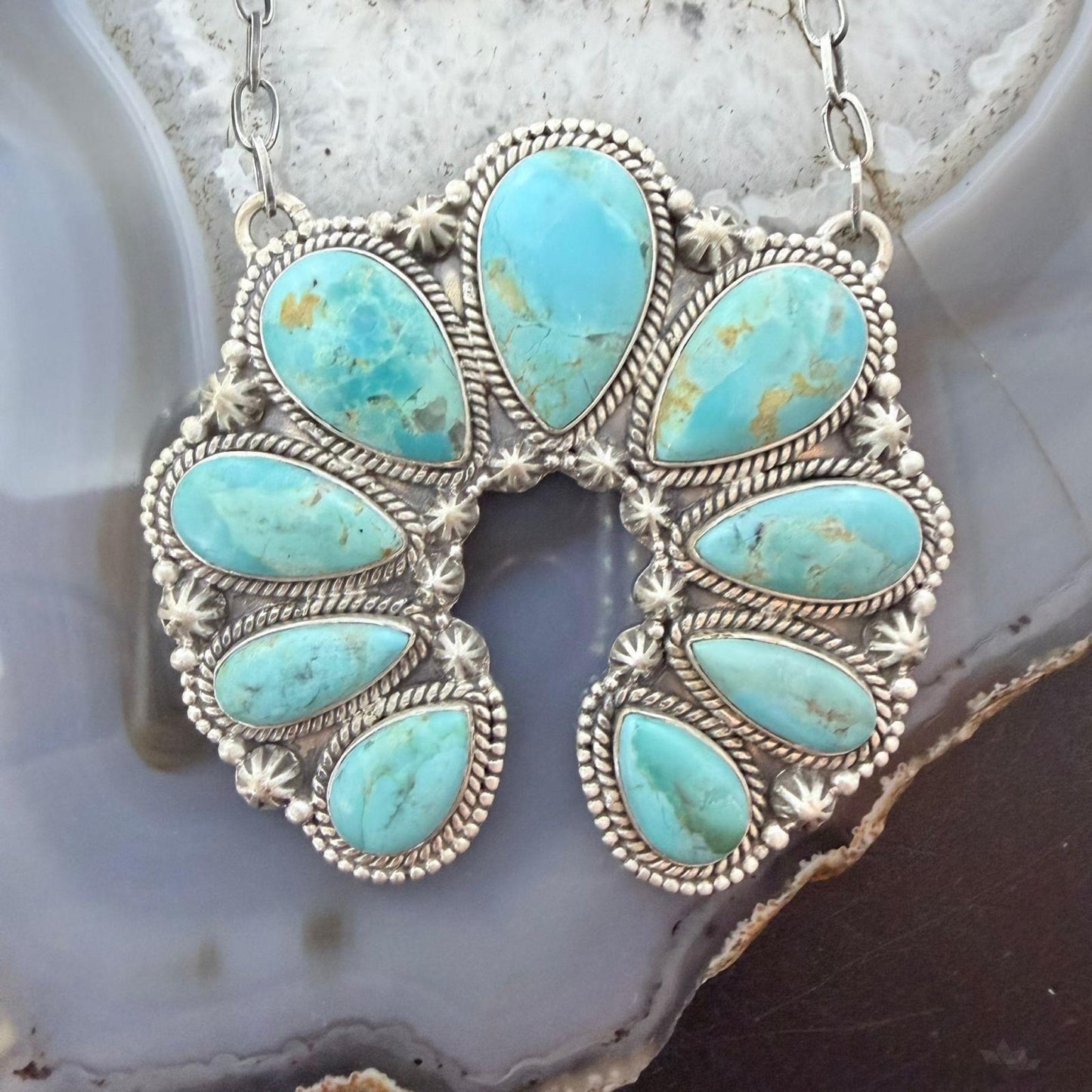 Sterling Silver Southwestern Style Teardrop Graduated Turquoise Naja Necklace For Women
