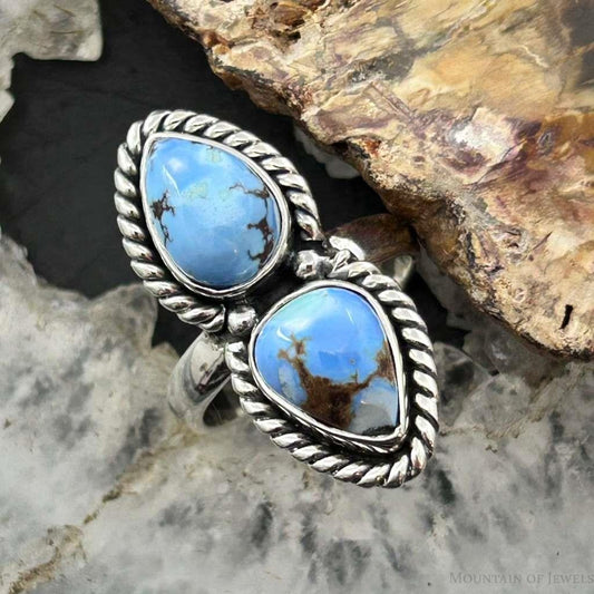 Sterling Silver Southwestern Style Teardrop Double Golden Hill Turquoise Ring Size 8 For Women