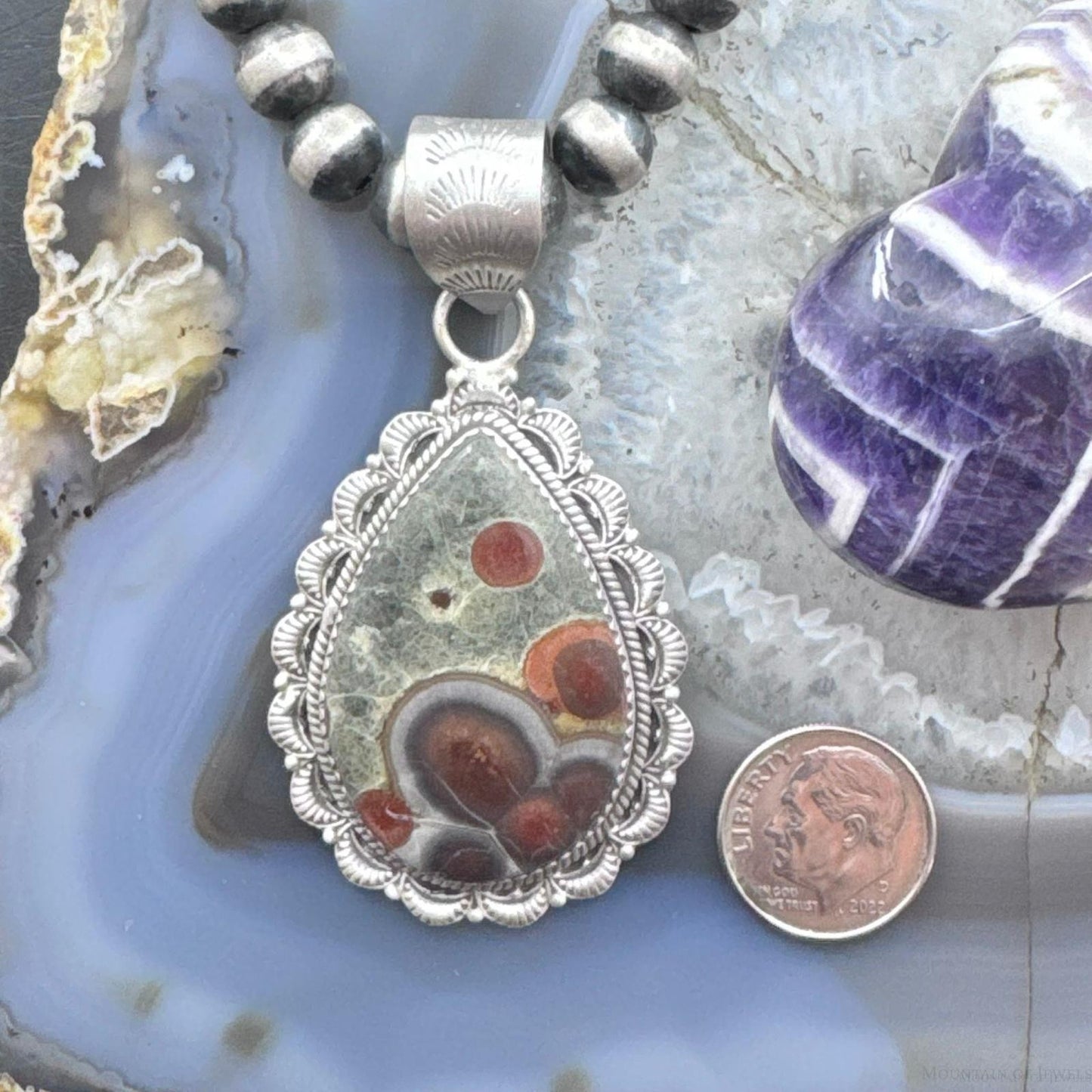 Sterling Silver Southwestern Style Teardrop Peanut Obsidian Decorated Pendant For Women