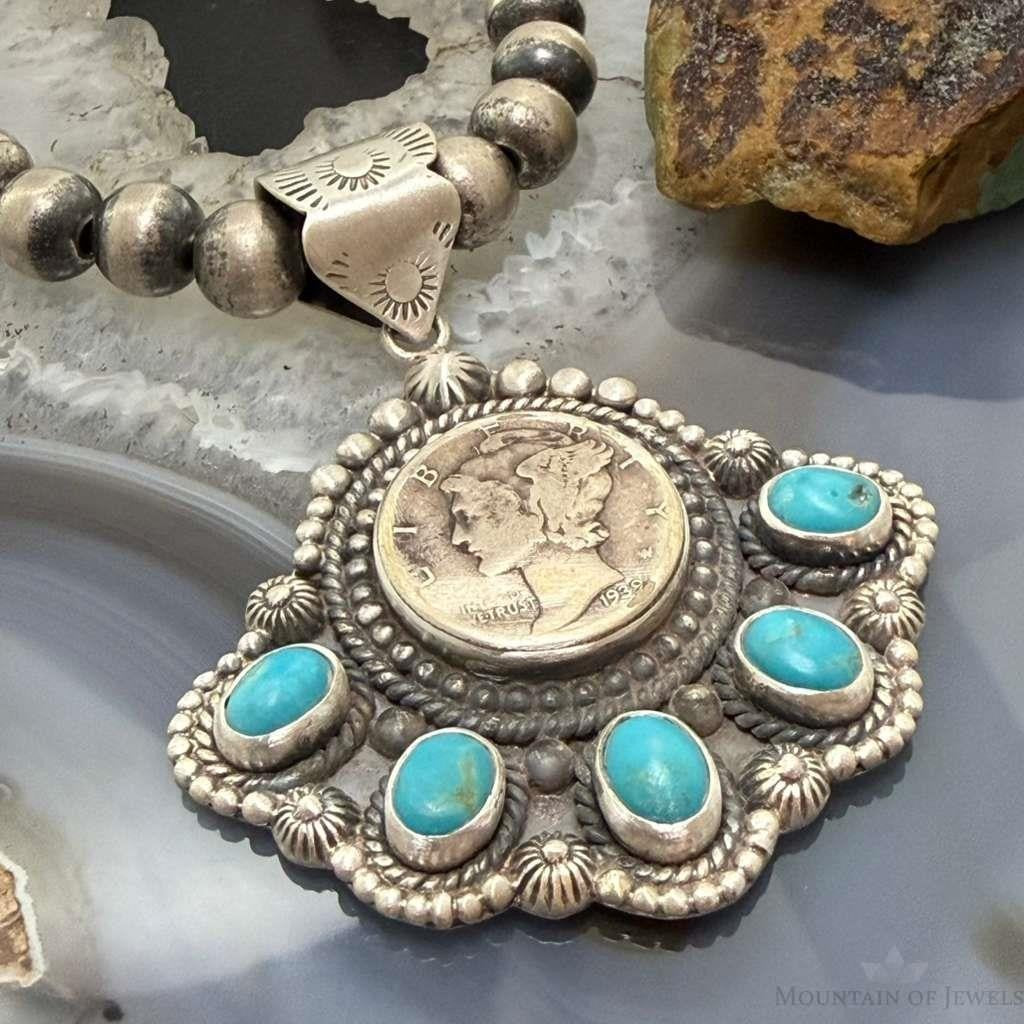 Sterling Silver Southwestern Style 1939 Mercury Dime & Kingman Turquoise Pendant