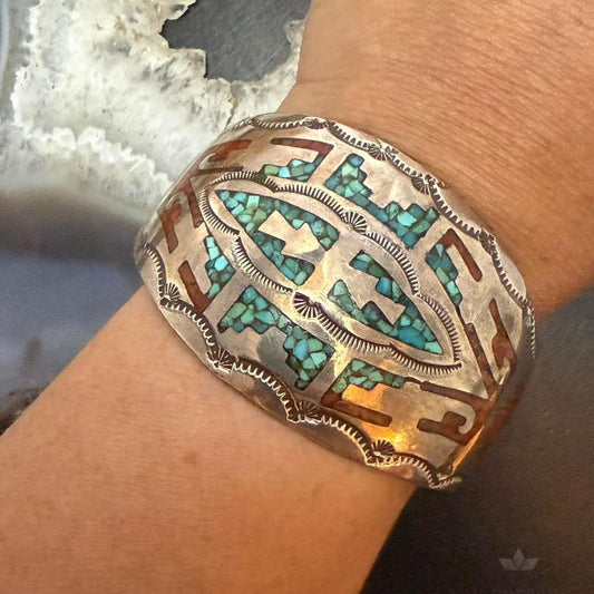 Vintage Native American Sterling Silver Turquoise & Coral Chip Inlay Bracelet For Women
