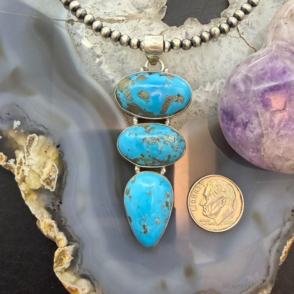 Sterling Silver Southwestern Style 3 Kingman Turquoise Pendant For Women #3
