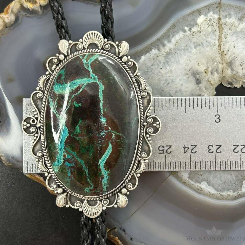 Sterling Silver Southwestern Style Large Chrysocolla Decorated Bolo Tie For Men