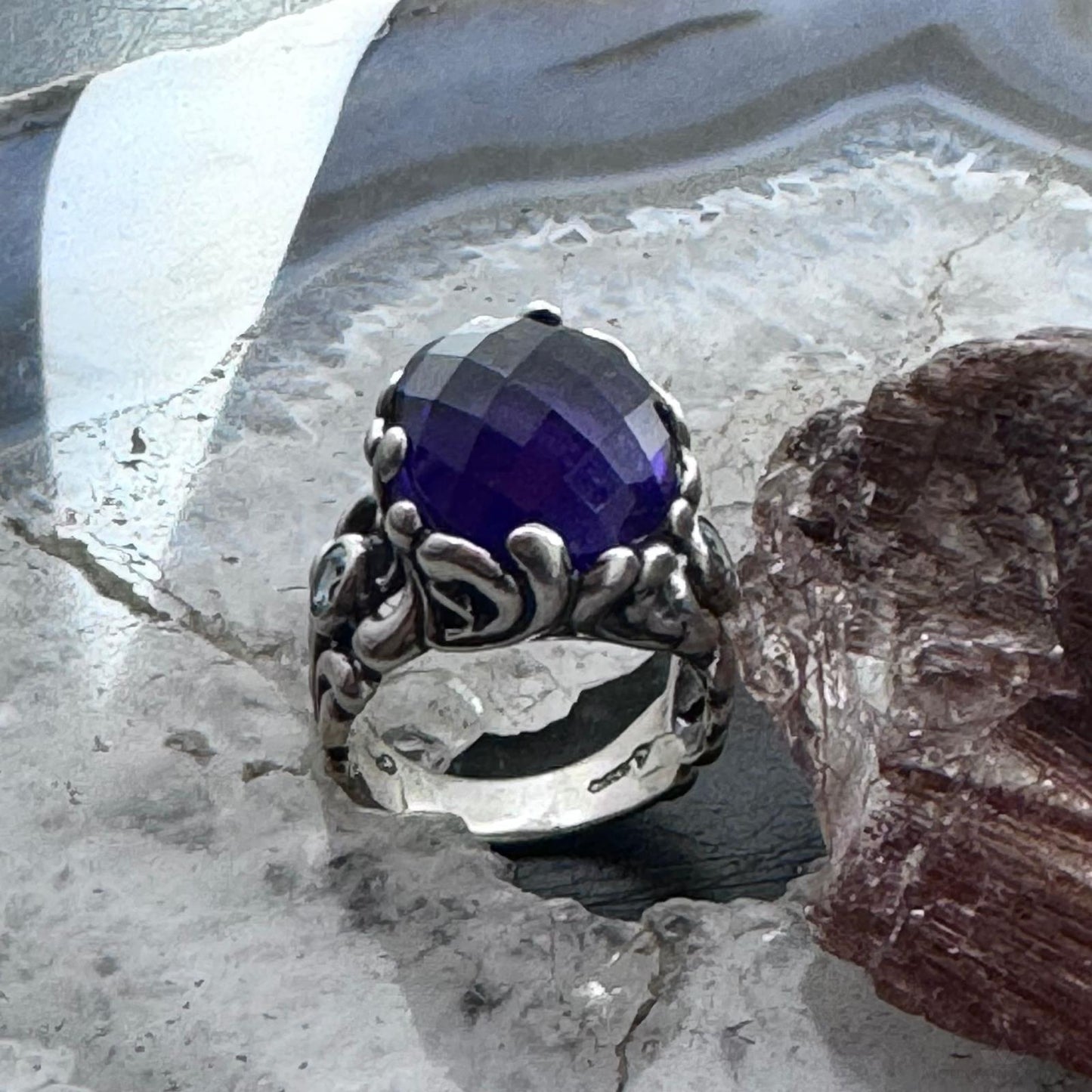 Carolyn Pollack Sterling Silver Faceted Amethyst/2 Blue Topaz Decorated Ring For Women