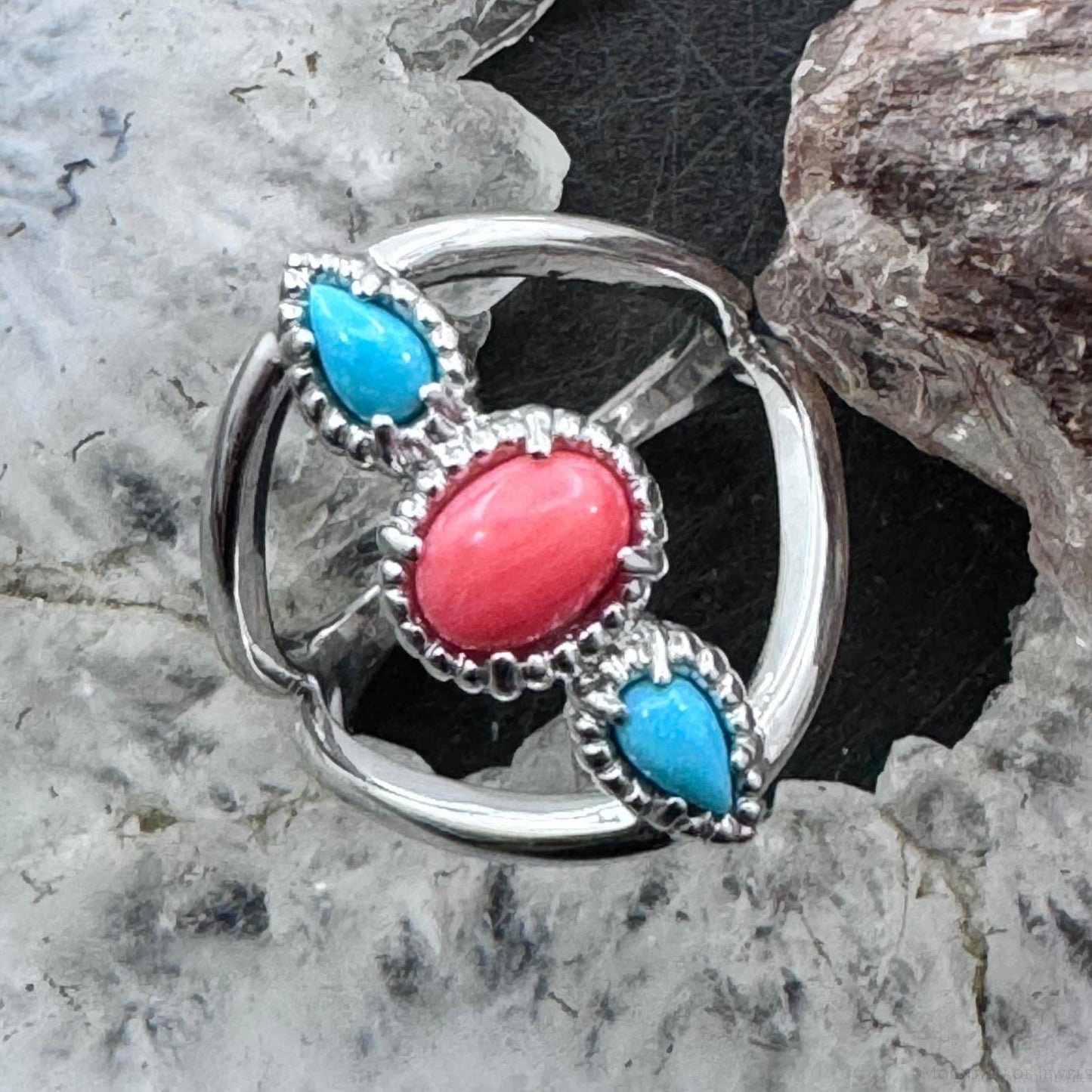 Carolyn Pollack Sterling Silver 2 Turquoise & 1 Coral Split Shank Ring For Women