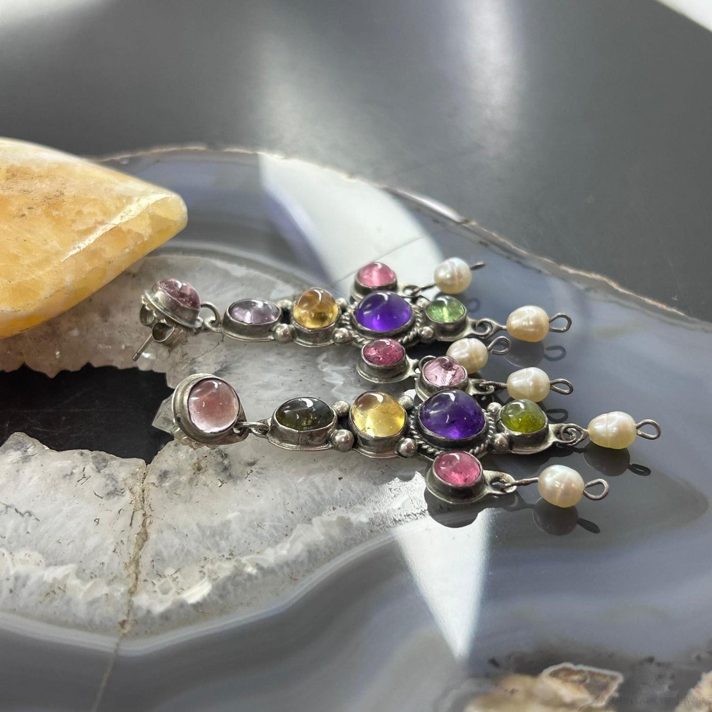 Ron Wesley Silver Southwestern Style Multi Gemstone Dangle Earrings For Women