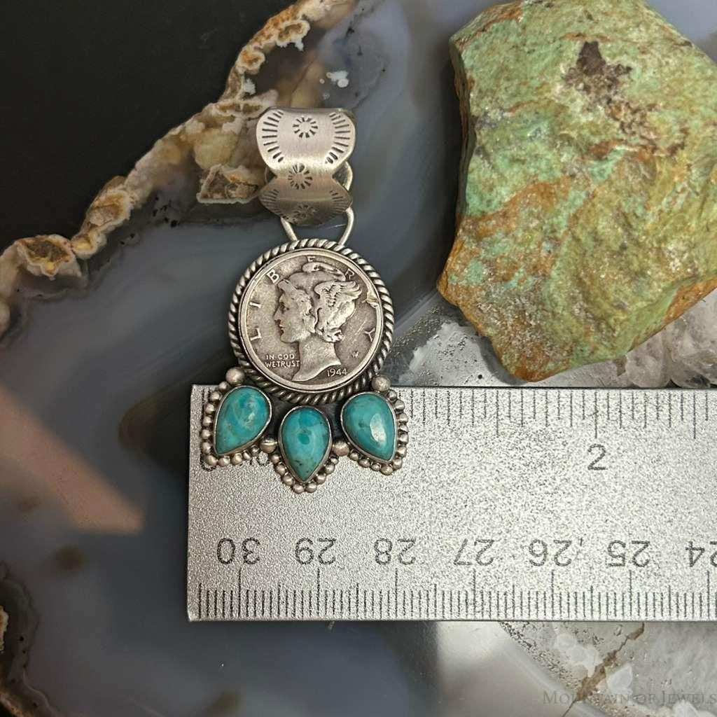 Genuine 1944 90% Silver Mercury Dime Coin Teardrop Mohave Turquoise Unisex Pendant