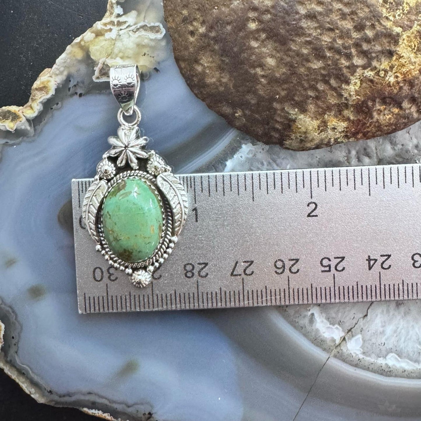 Sterling Silver Southwestern Style Oval Turquoise Leaves Decorated Pendant For Women