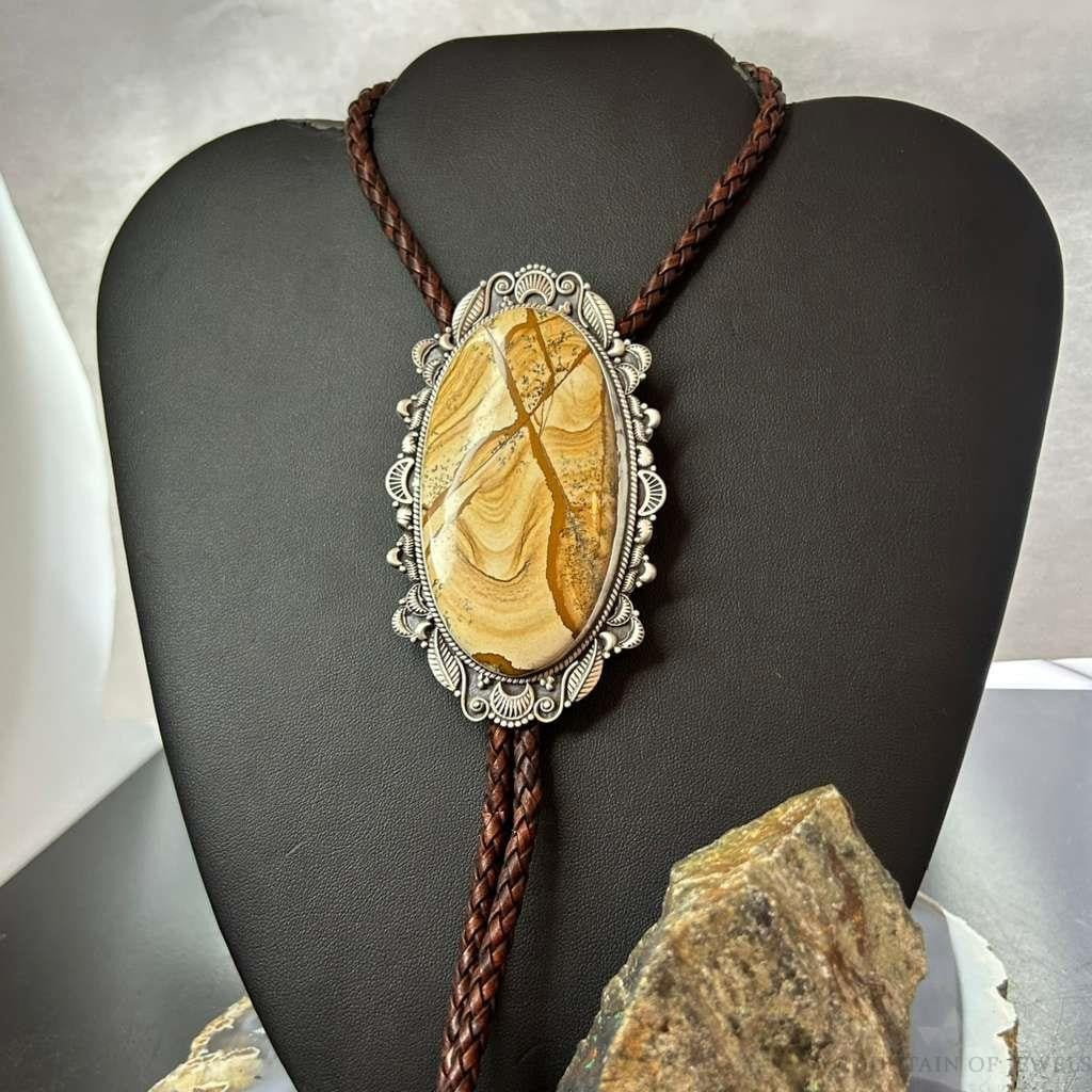 Sterling Silver Southwestern Style Oval Picture Jasper Decorated Bolo Tie For Men