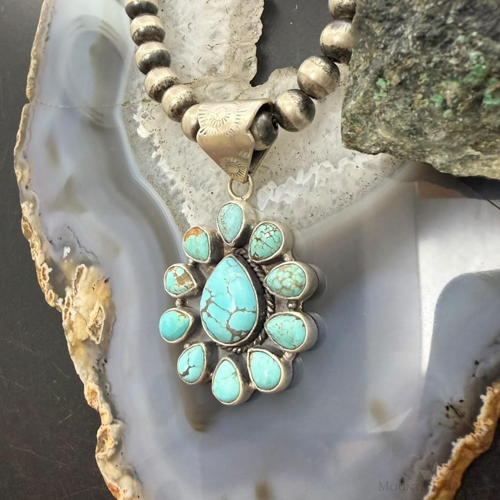 Sterling Silver Southwestern Style Teardrop Royston Turquoise Decorated Cluster Pendant