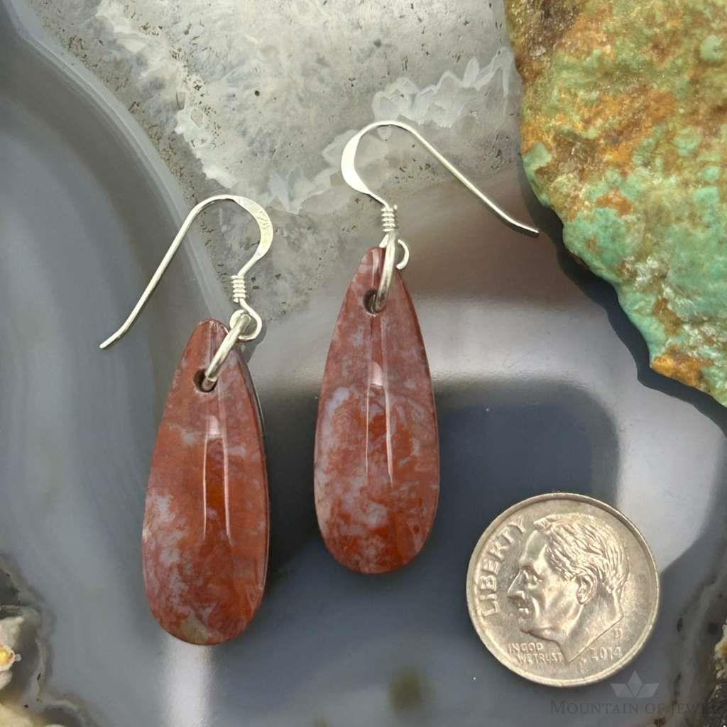 Sterling Silver Teardrop Plum Moss Agate Slab Dangle Earrings For Women #535