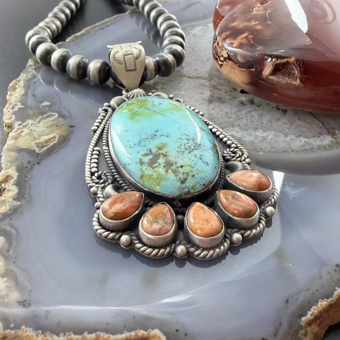 Sterling Silver Southwestern Style Oval Turquoise & Spiny Oyster Pendant For Women