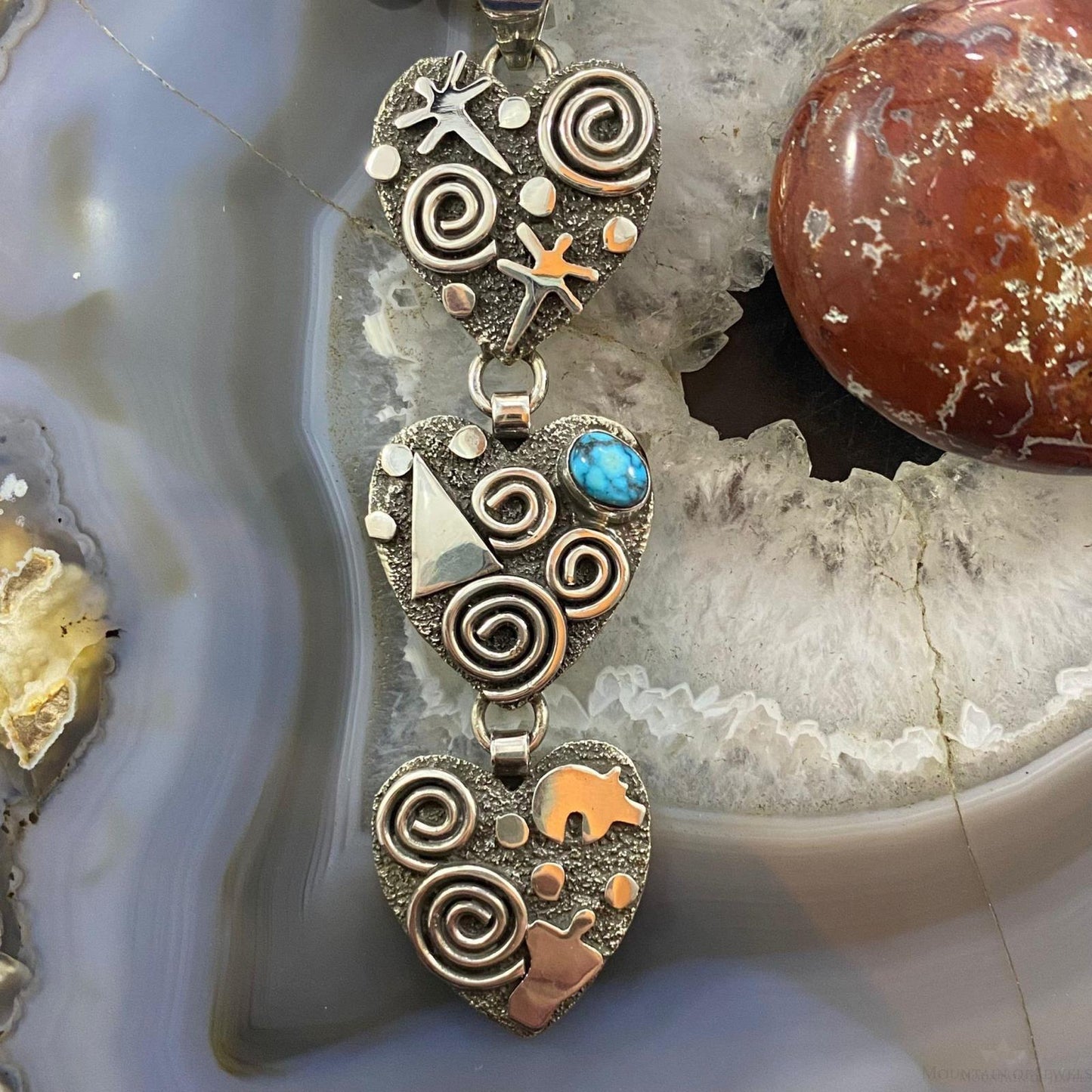 Alex Sanchez Native American Sterling Silver Triple Petroglyph Heart w/Turquoise Pendant For Women
