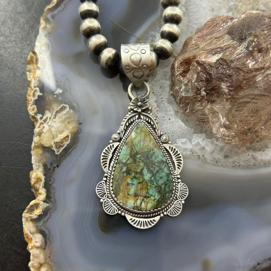 Sterling Silver Southwestern Style Teardrop Turquoise Pendant For Women