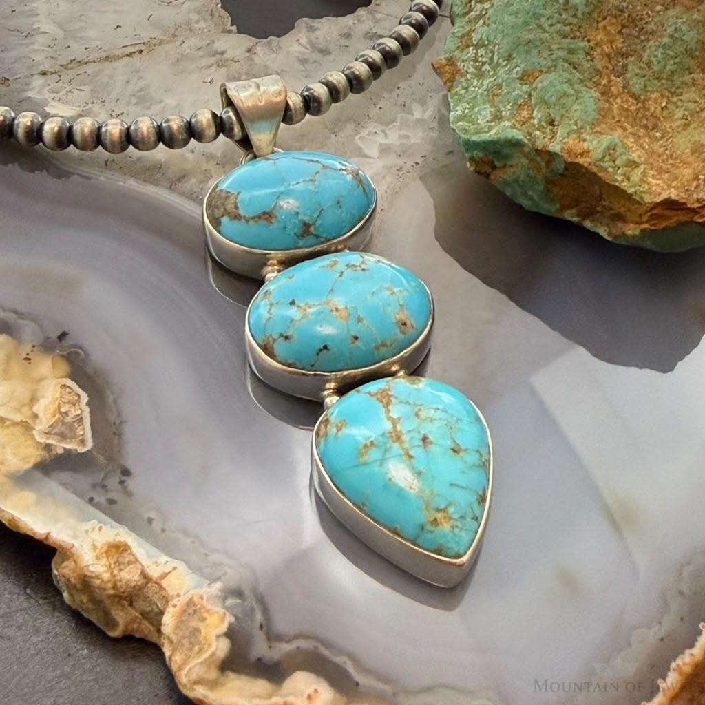 Sterling Silver Southwestern Style 3 Kingman Turquoise Pendant For Women #2