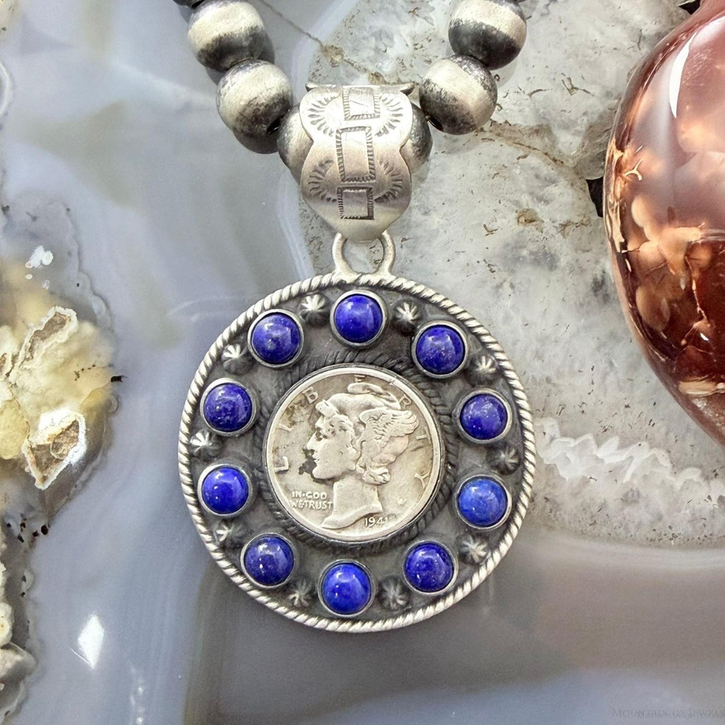 Genuine 1941 90% Silver Mercury Dime Coin w/Lapis Decorated Unisex Pendant #1