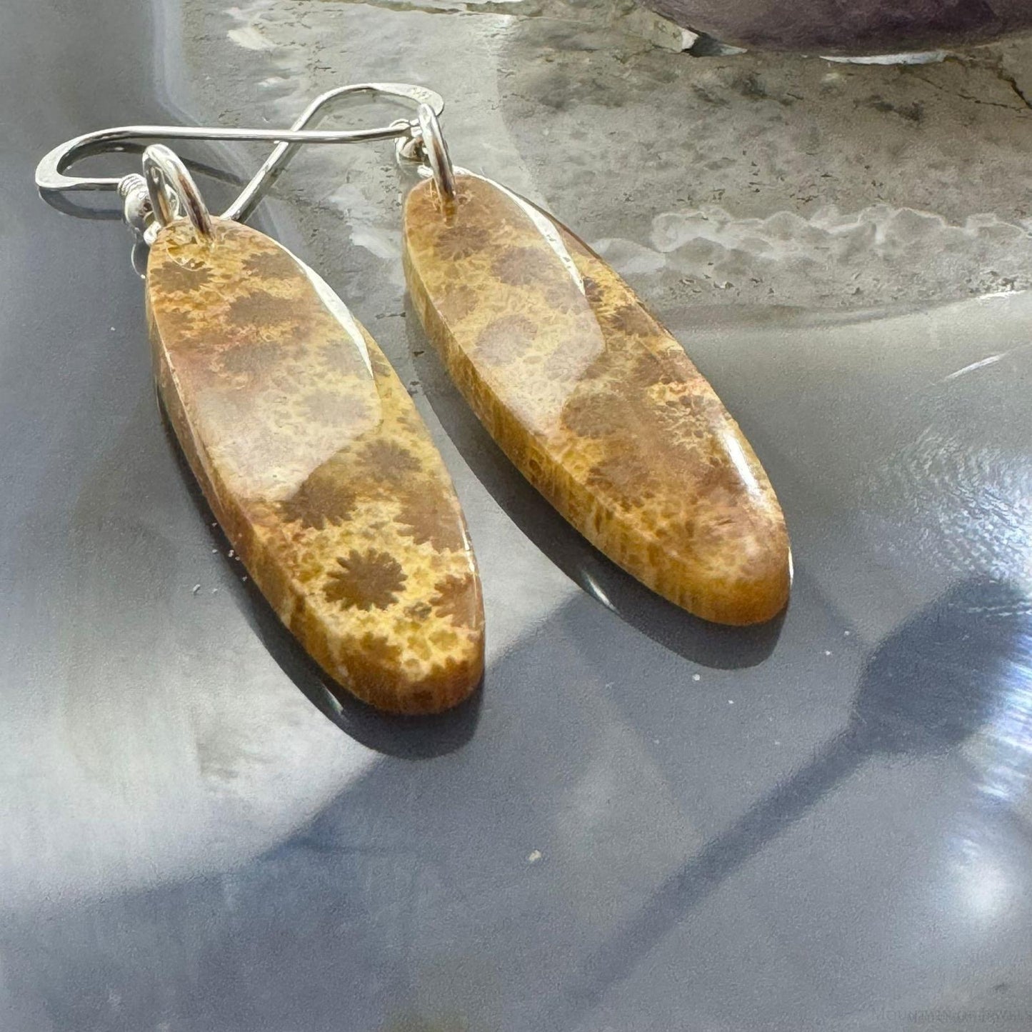 Sterling Silver Elongated Oval Fossilized Jasper Slab Dangle Earrings For Women #210