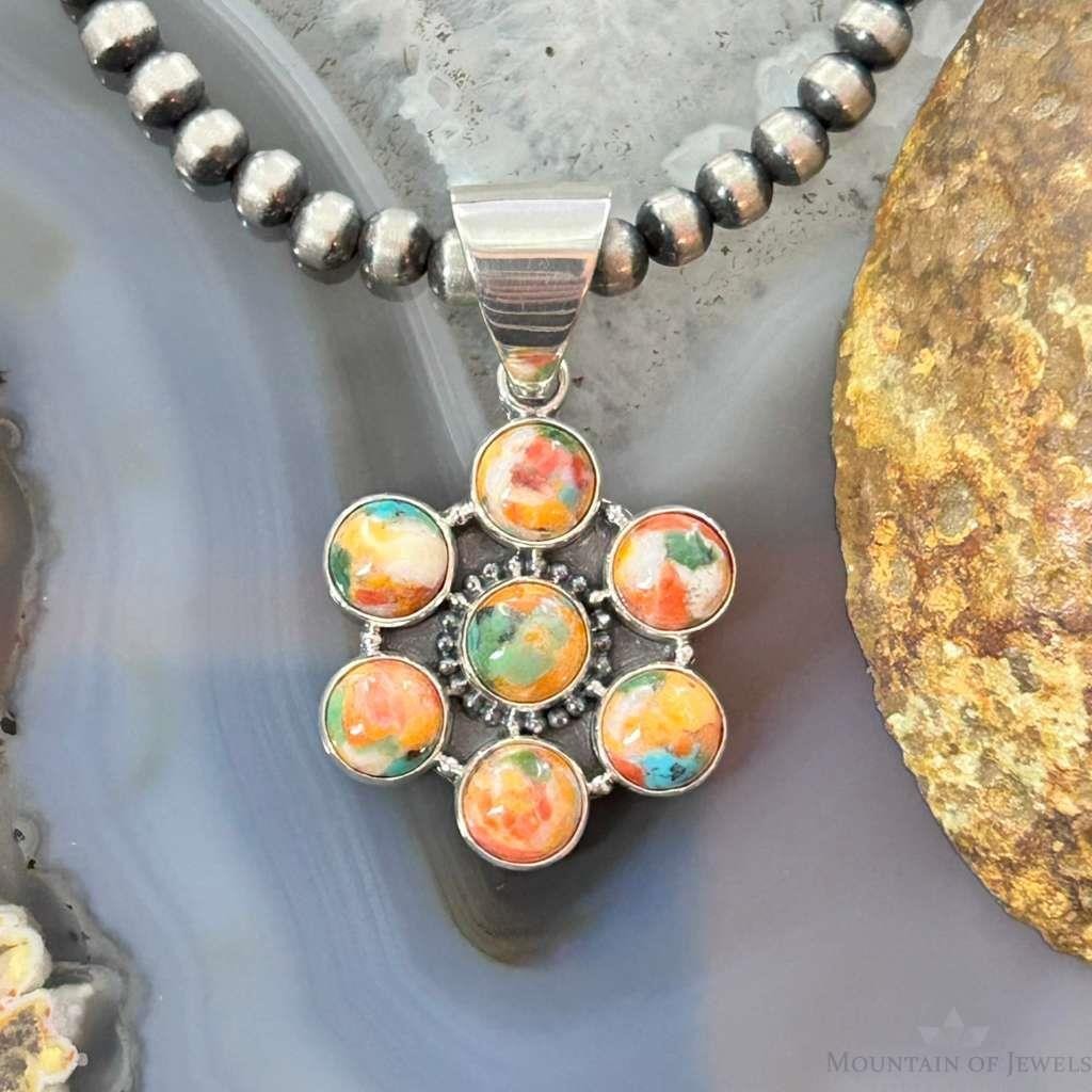 Native American Sterling Silver Turquoise Spiny Oyster Cluster Pendant For Women