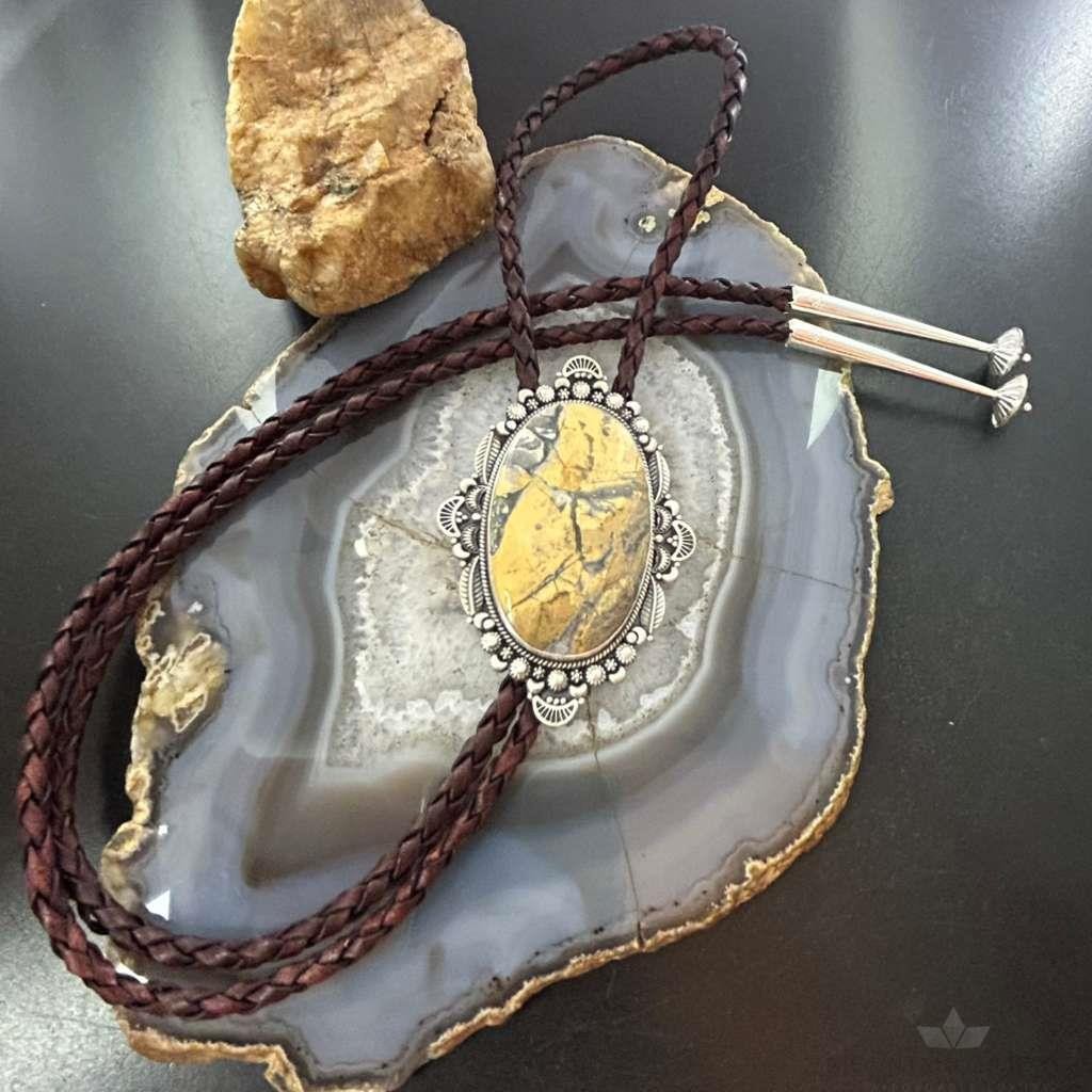 Sterling Silver Southwestern Style Large Oval Picture Jasper Decorated Bolo Tie For Men