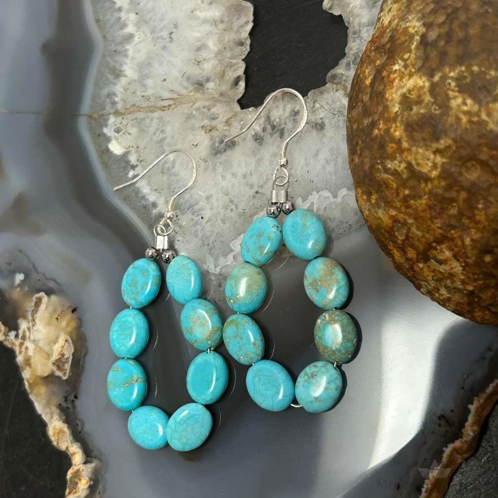 Sterling Silver 8 Oval Turquoise Beads Hoop Dangle Earrings For Women