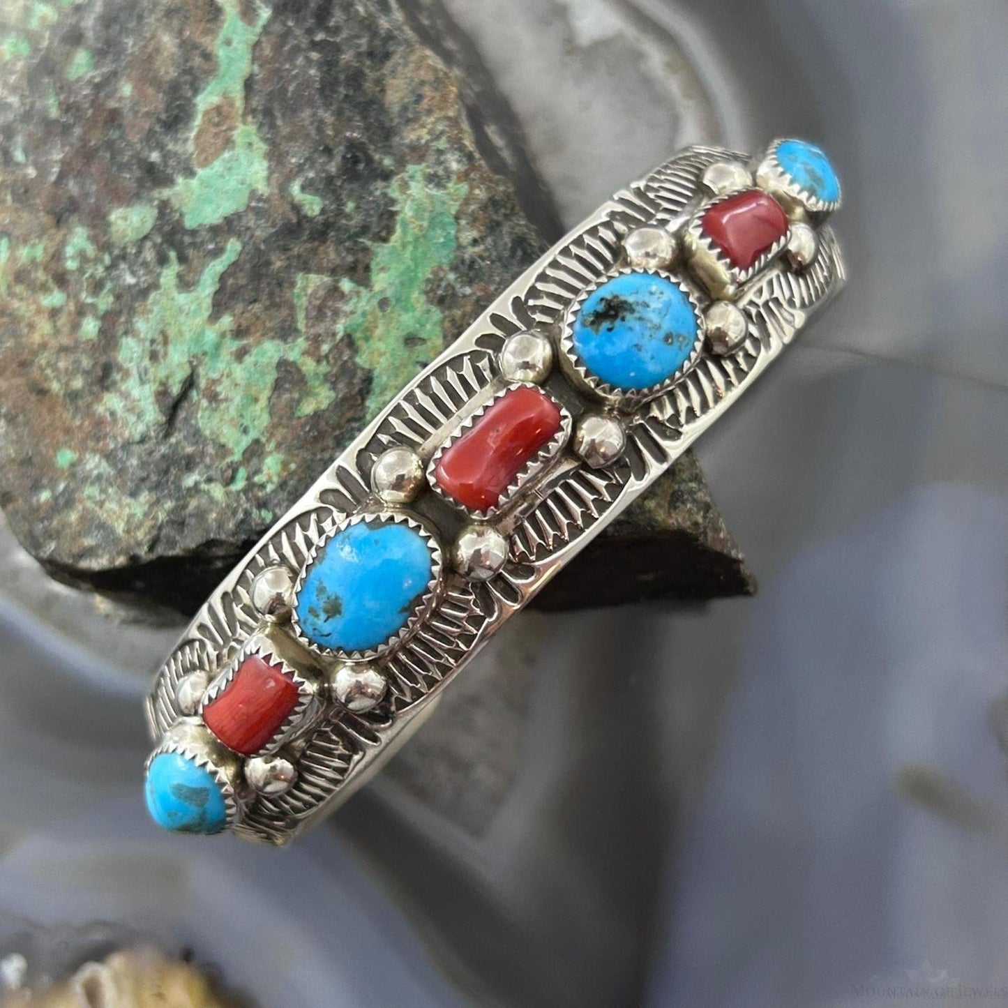 Grace Silver Native Americn Sterling Silver Turquoise & Coral Row Bracelet For Women