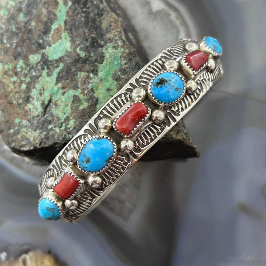 Grace Silver Native Americn Sterling Silver Turquoise & Coral Row Bracelet For Women
