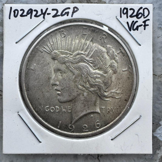 1926-D US 90% Peace Silver Dollar VG-F #102924-2GP