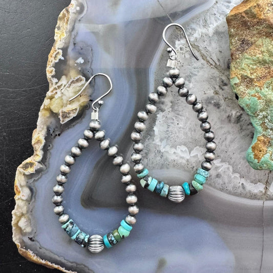 Sterling Silver Southwestern Style Navajo Pearl & Turquoise Bead Hoop Earrings For Women