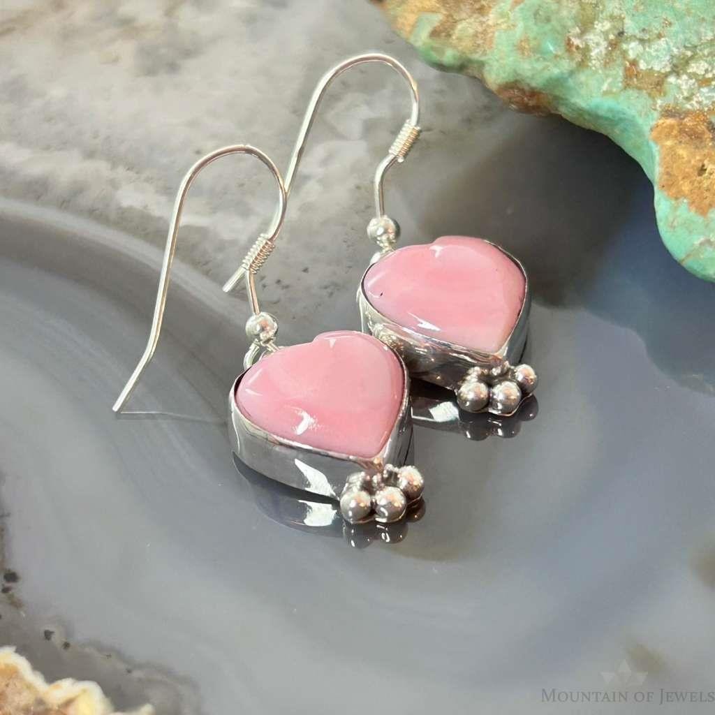 Native American Sterling Silver Pink Conch Decorated Heart Dangle Earrings For Women