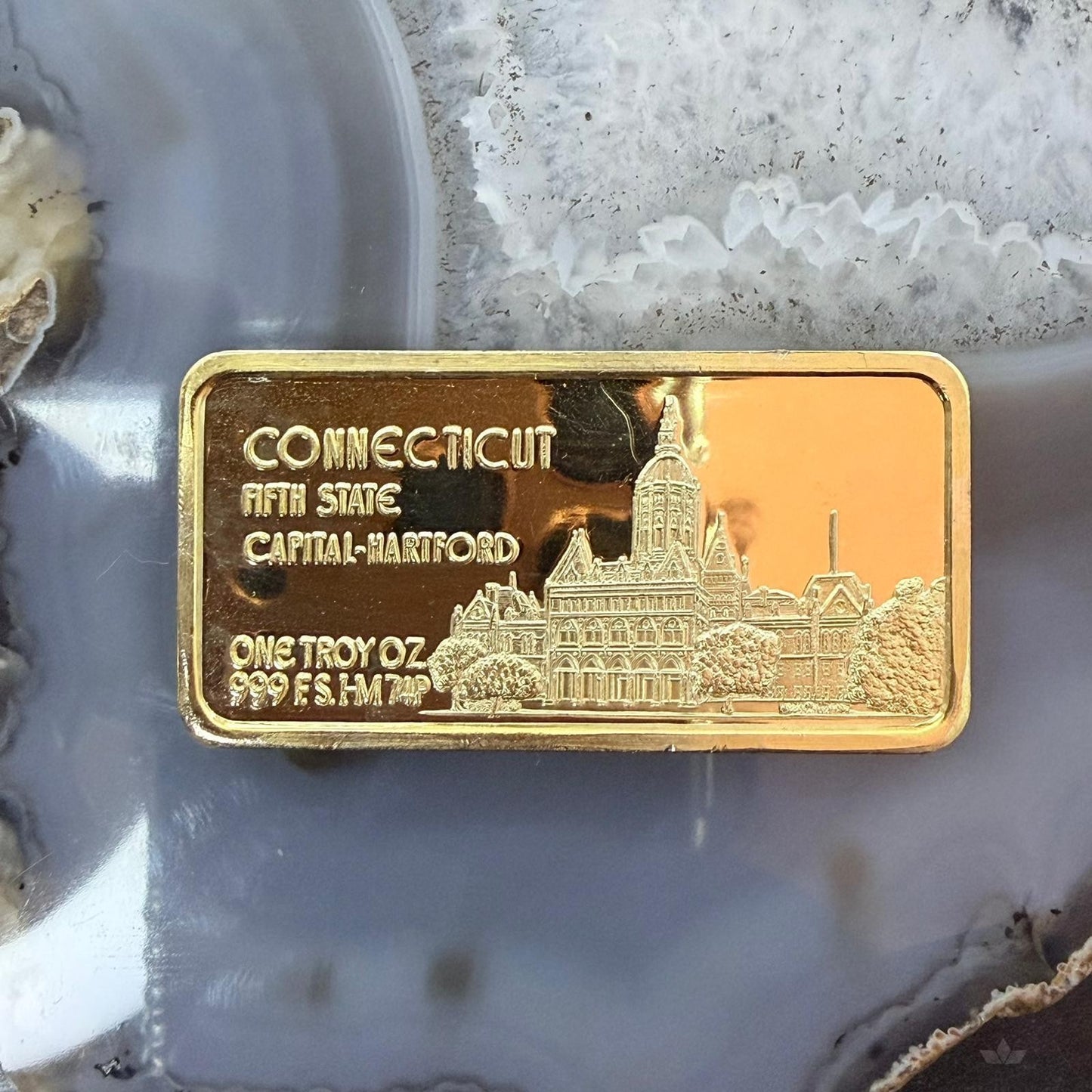 US .999 One Ozt Silver Connecticut Bar w/24K Gold Plated Hamilton Mint #112825-3