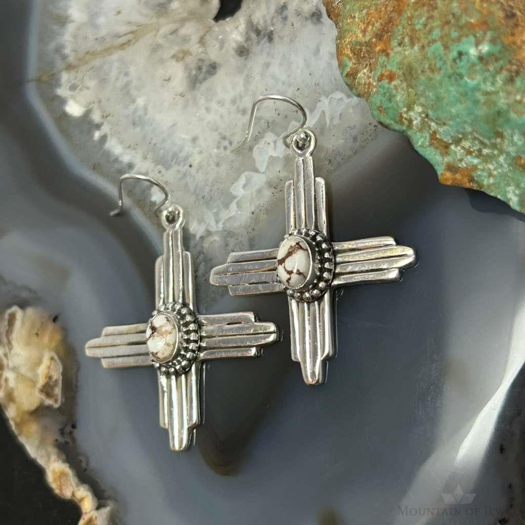 Sterling Silver Southwestern Style Round Wild Horse Zia Dangle Earrings For Women