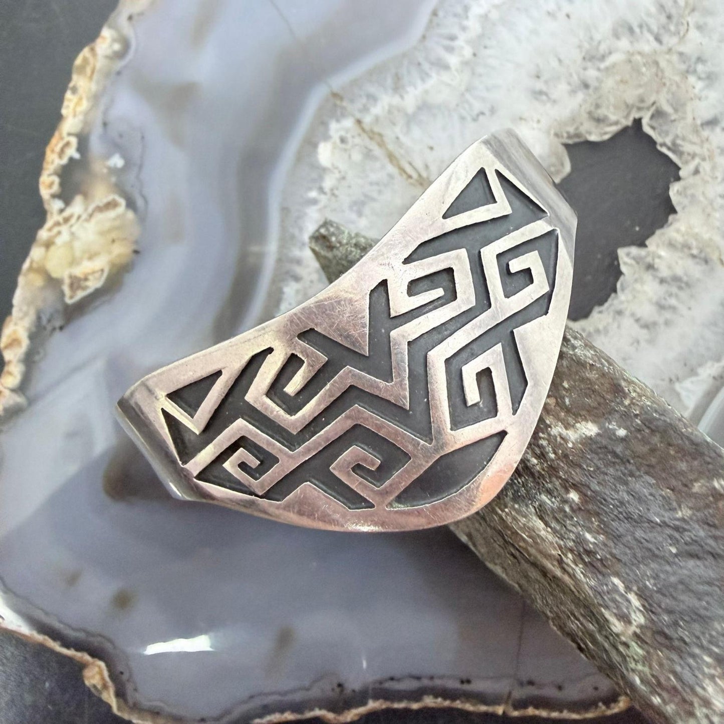 Vintage Sterling Silver Geometrical Motif Overlay Bracelet For Women, Taxco Mexico